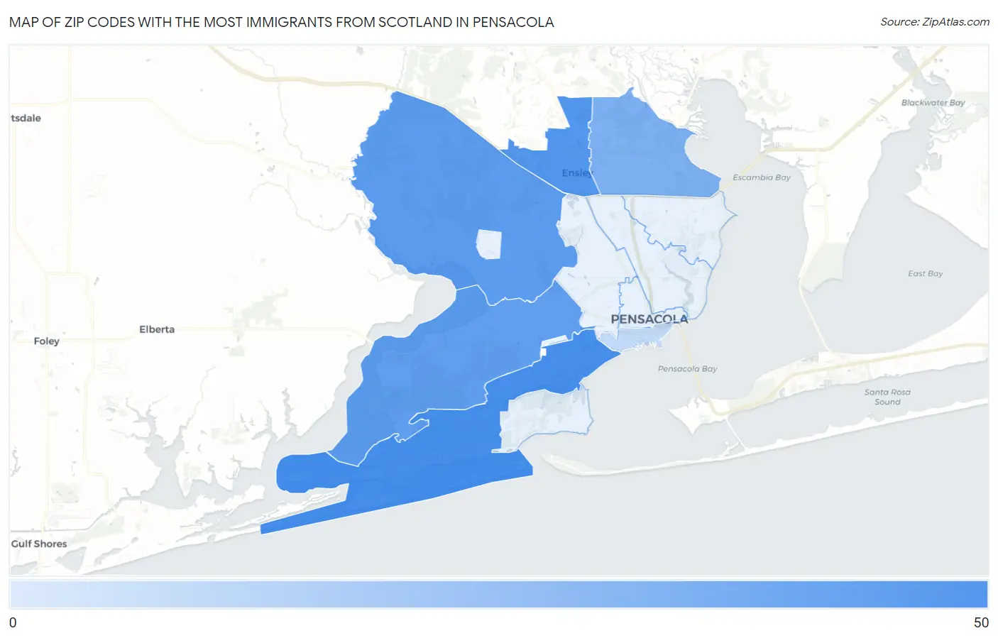 Zip Codes with the Most Immigrants from Scotland in Pensacola Map