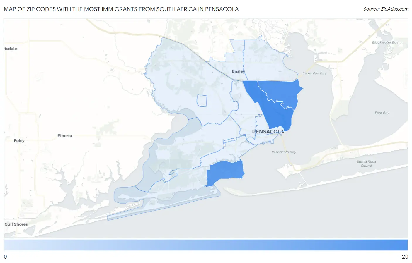 Zip Codes with the Most Immigrants from South Africa in Pensacola Map