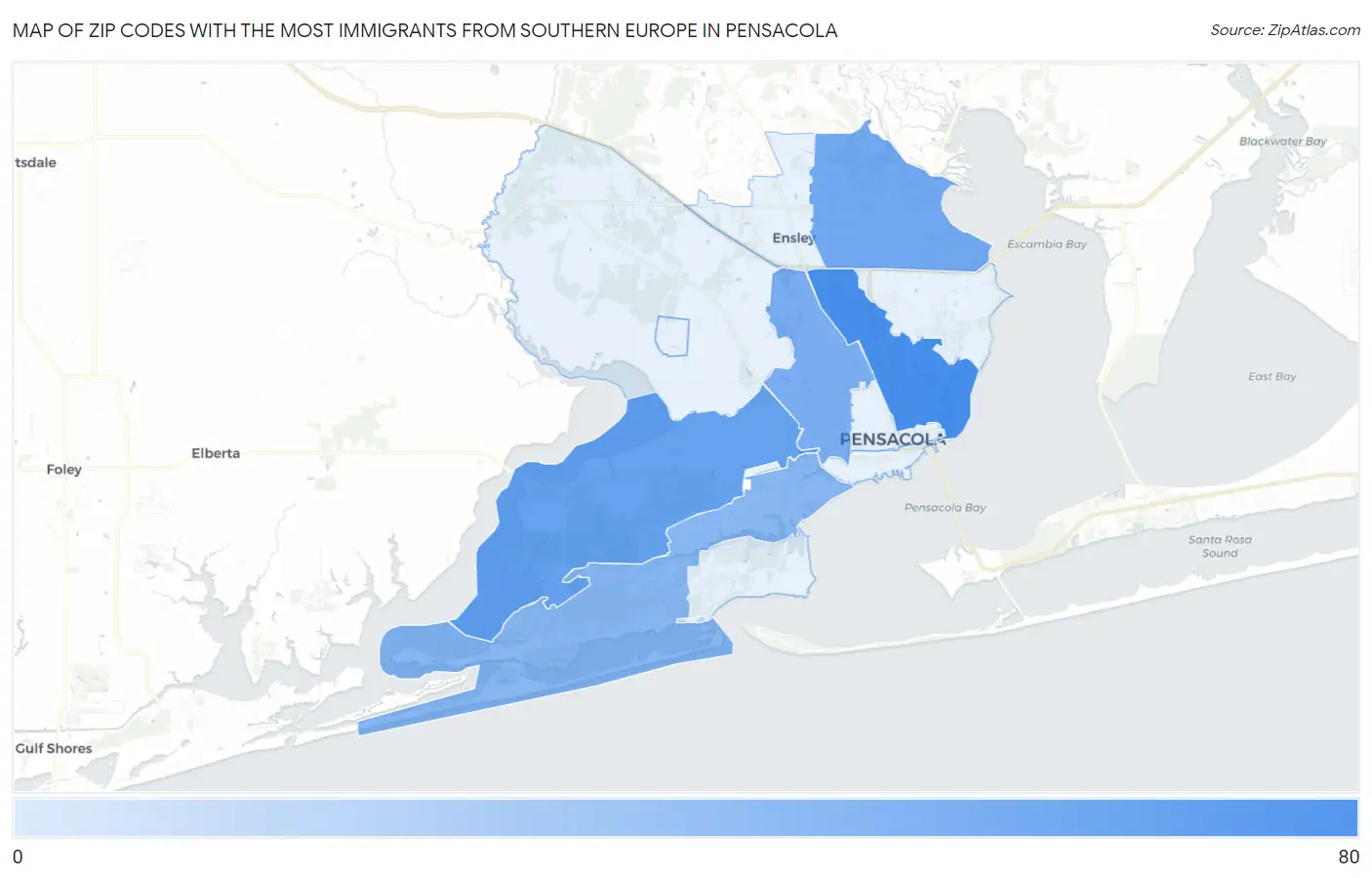 Zip Codes with the Most Immigrants from Southern Europe in Pensacola Map