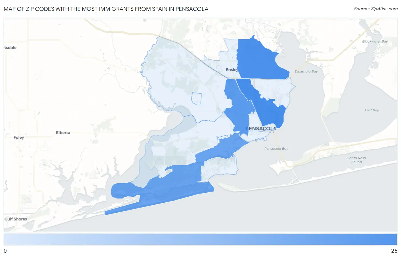Zip Codes with the Most Immigrants from Spain in Pensacola Map