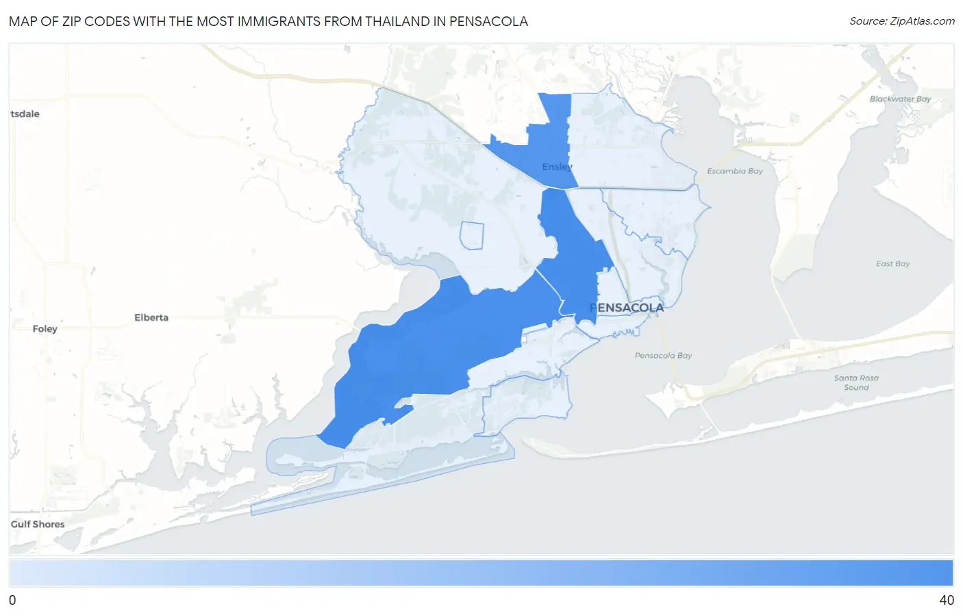 Zip Codes with the Most Immigrants from Thailand in Pensacola Map