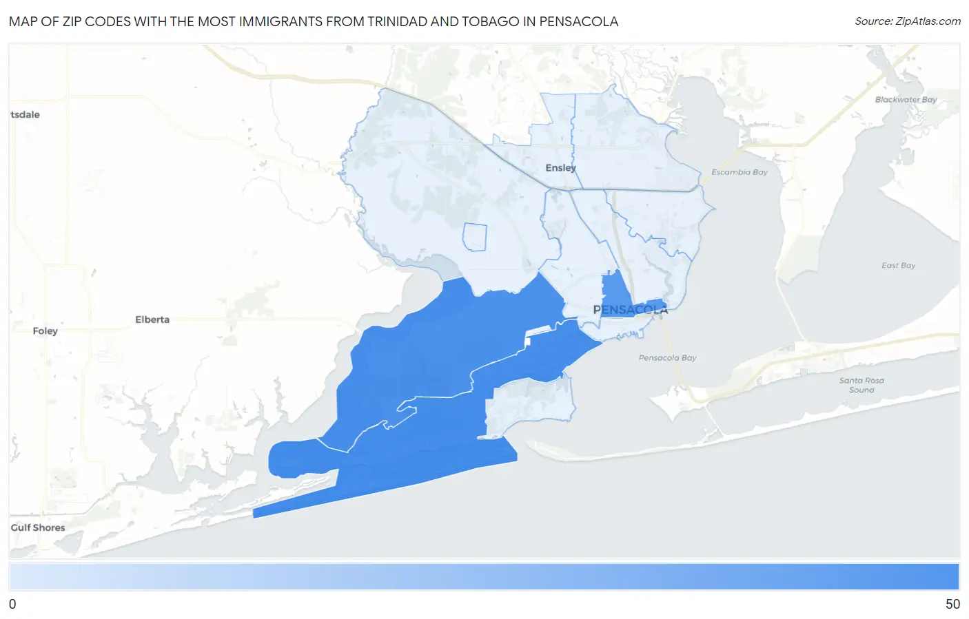 Zip Codes with the Most Immigrants from Trinidad and Tobago in Pensacola Map
