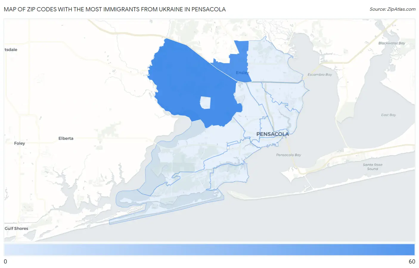 Zip Codes with the Most Immigrants from Ukraine in Pensacola Map