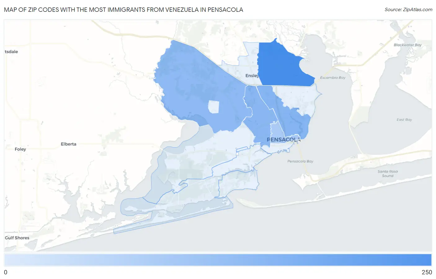 Zip Codes with the Most Immigrants from Venezuela in Pensacola Map
