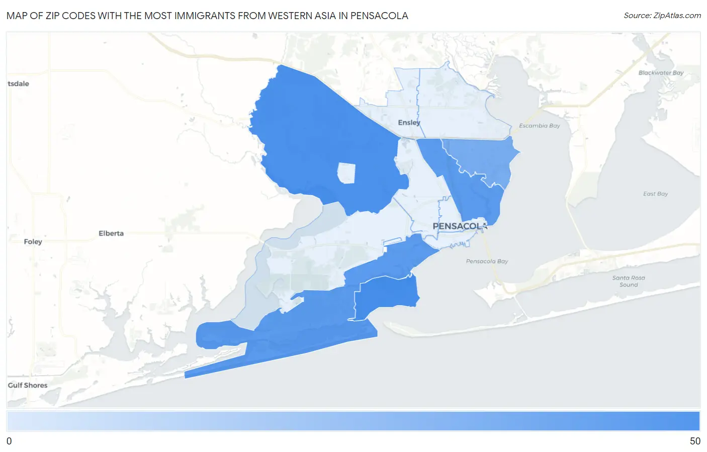 Zip Codes with the Most Immigrants from Western Asia in Pensacola Map