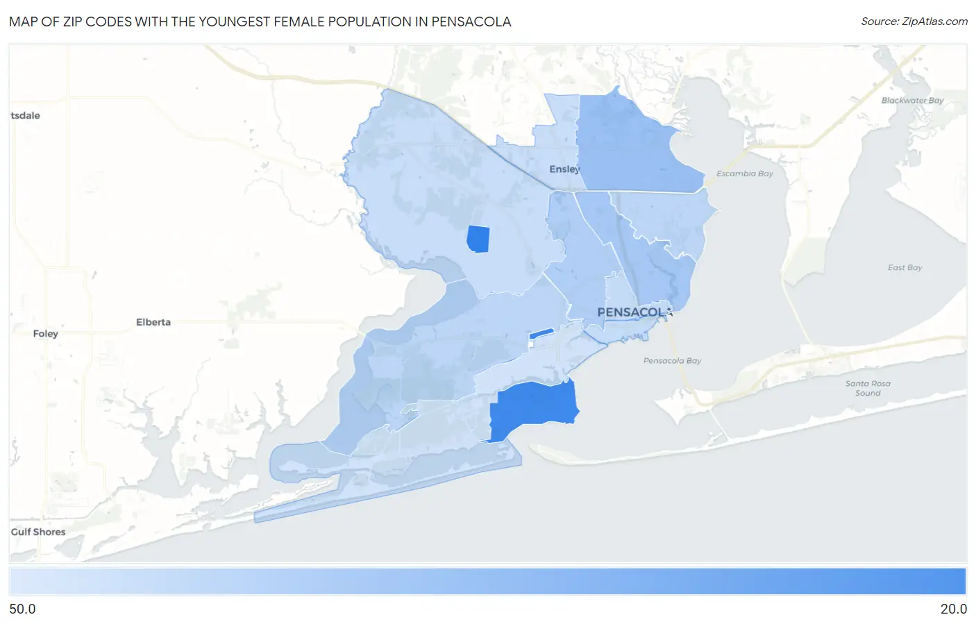 Zip Codes with the Youngest Female Population in Pensacola Map
