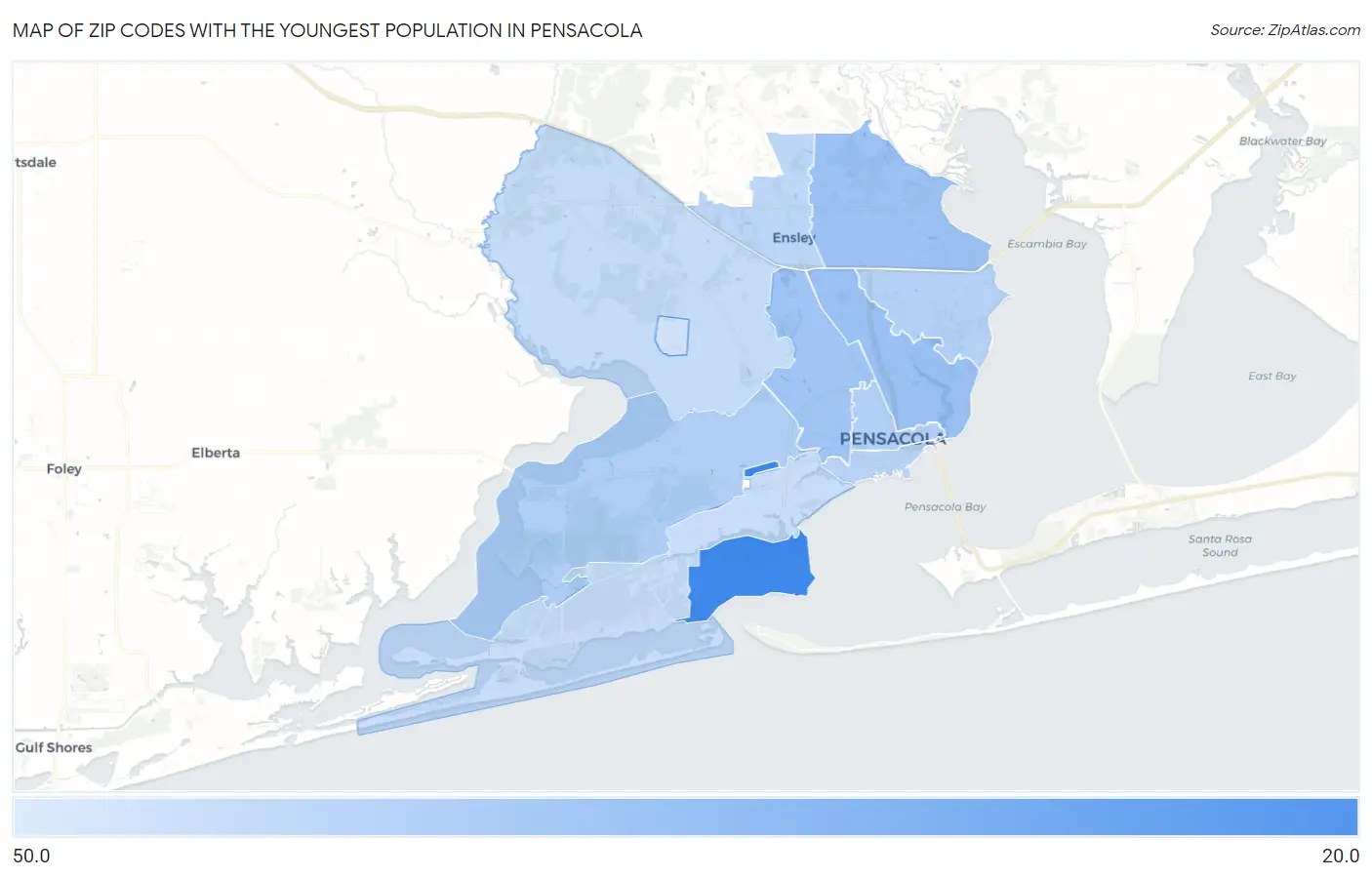 Zip Codes with the Youngest Population in Pensacola Map