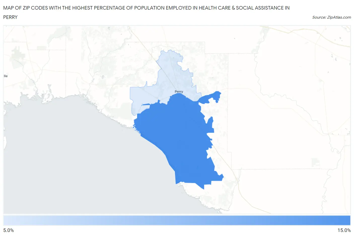 Zip Codes with the Highest Percentage of Population Employed in Health Care & Social Assistance in Perry Map