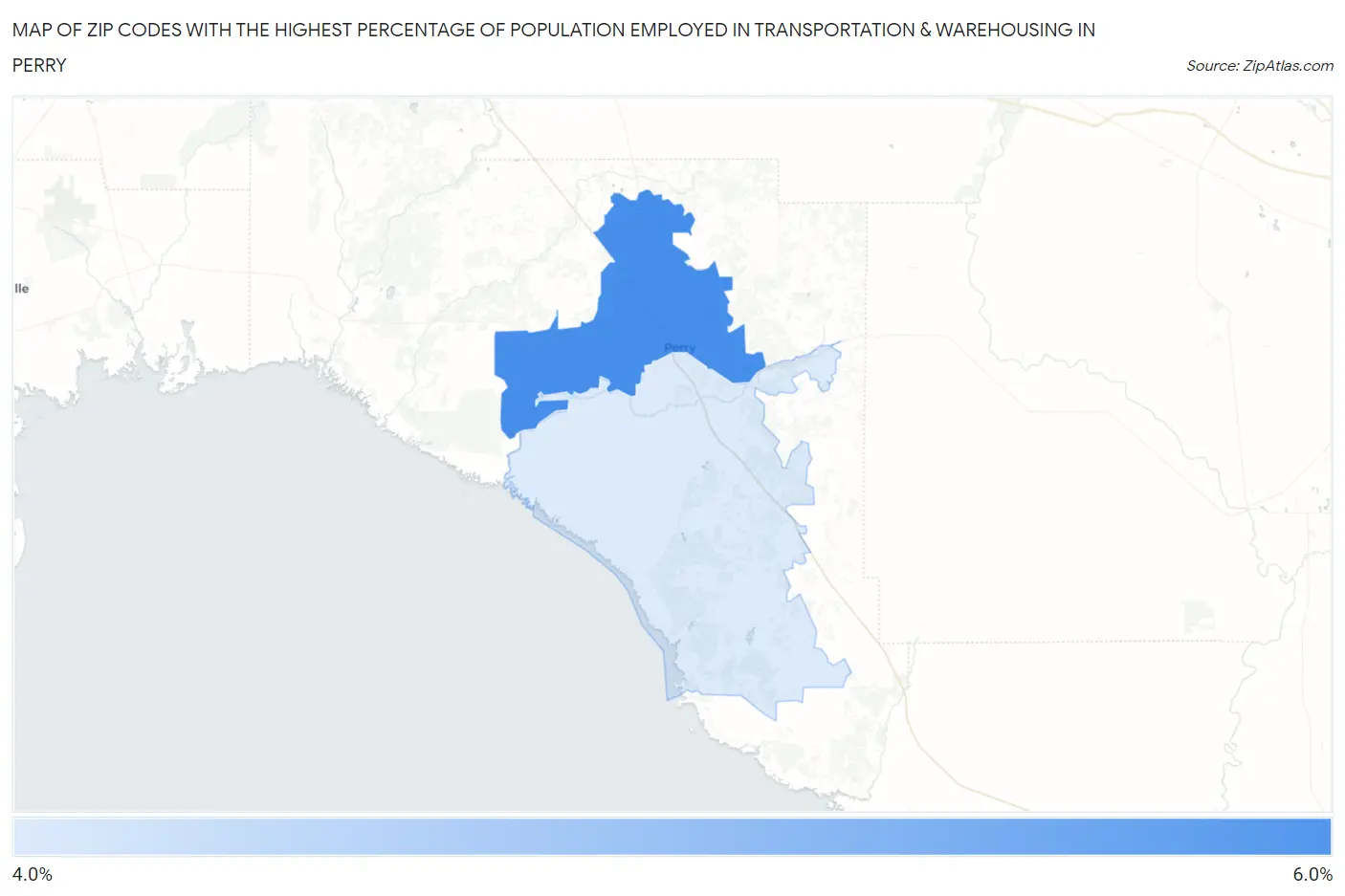 Zip Codes with the Highest Percentage of Population Employed in Transportation & Warehousing in Perry Map