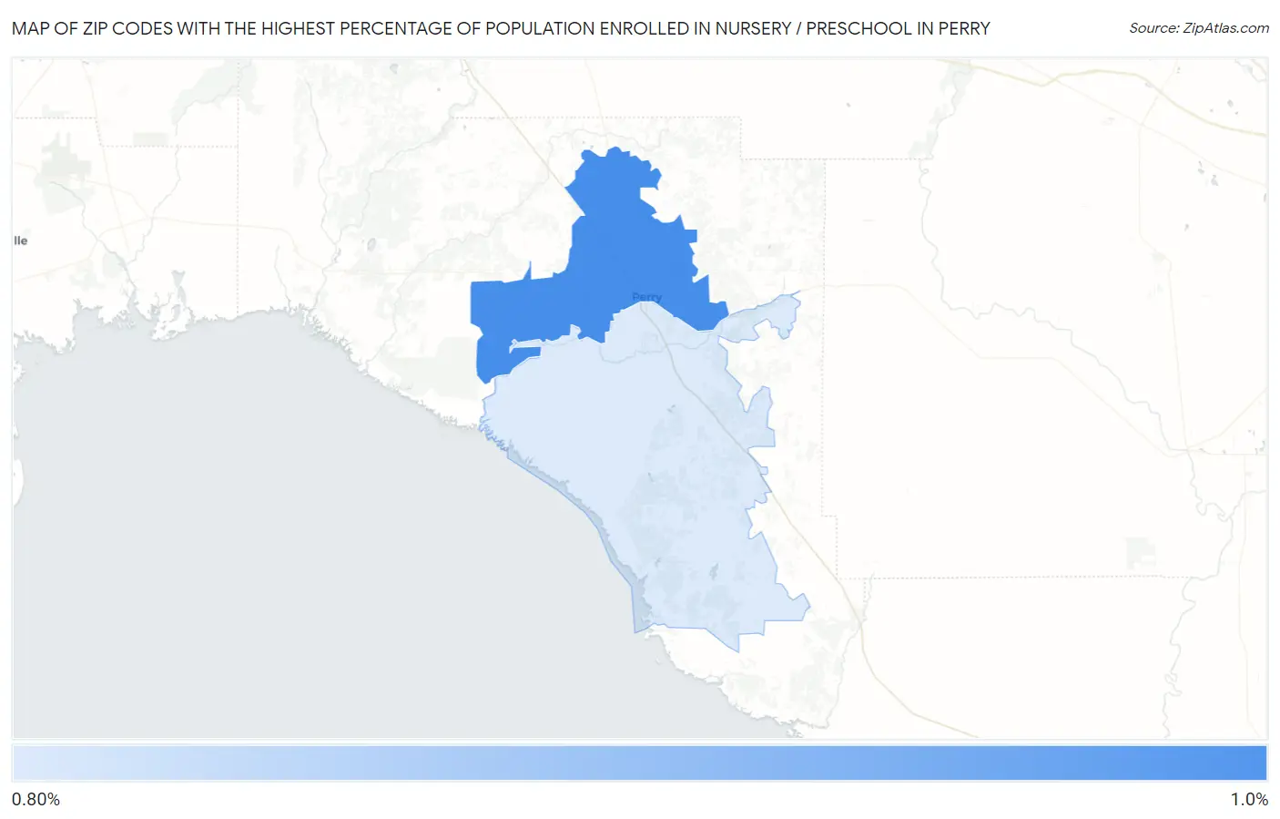 Zip Codes with the Highest Percentage of Population Enrolled in Nursery / Preschool in Perry Map