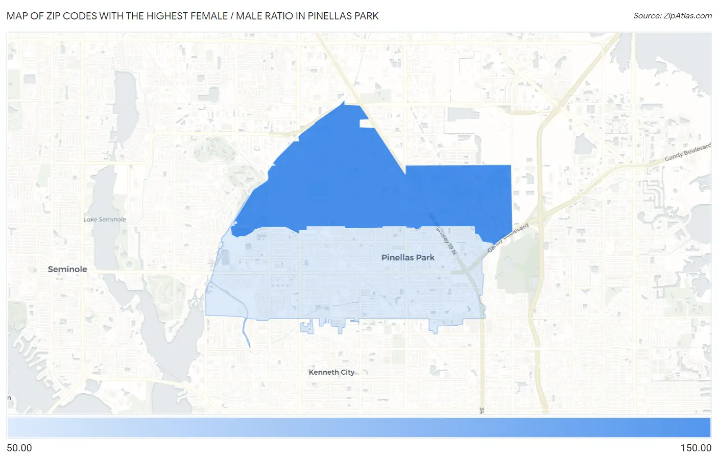 Zip Codes with the Highest Female / Male Ratio in Pinellas Park Map