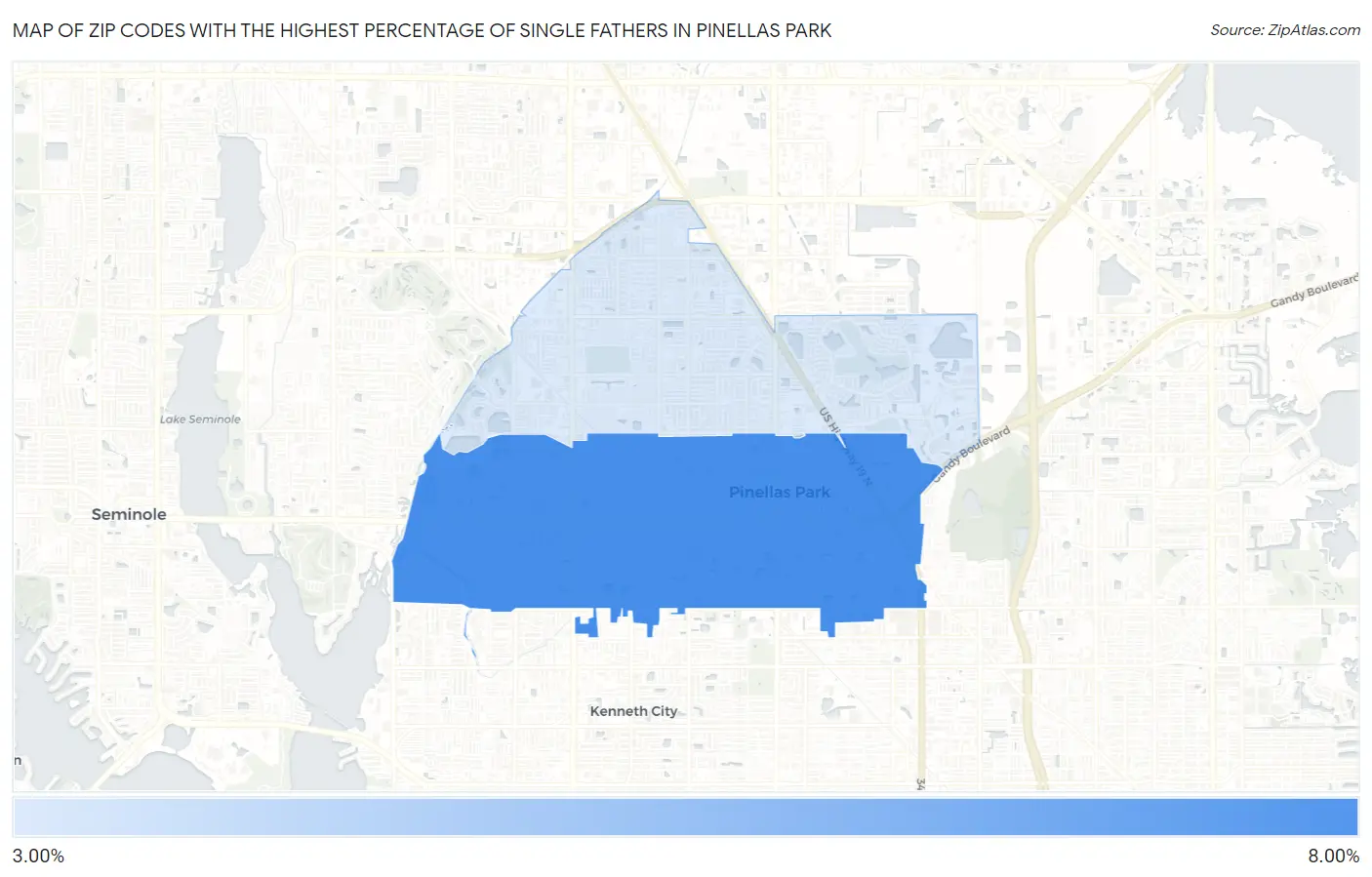 Zip Codes with the Highest Percentage of Single Fathers in Pinellas Park Map