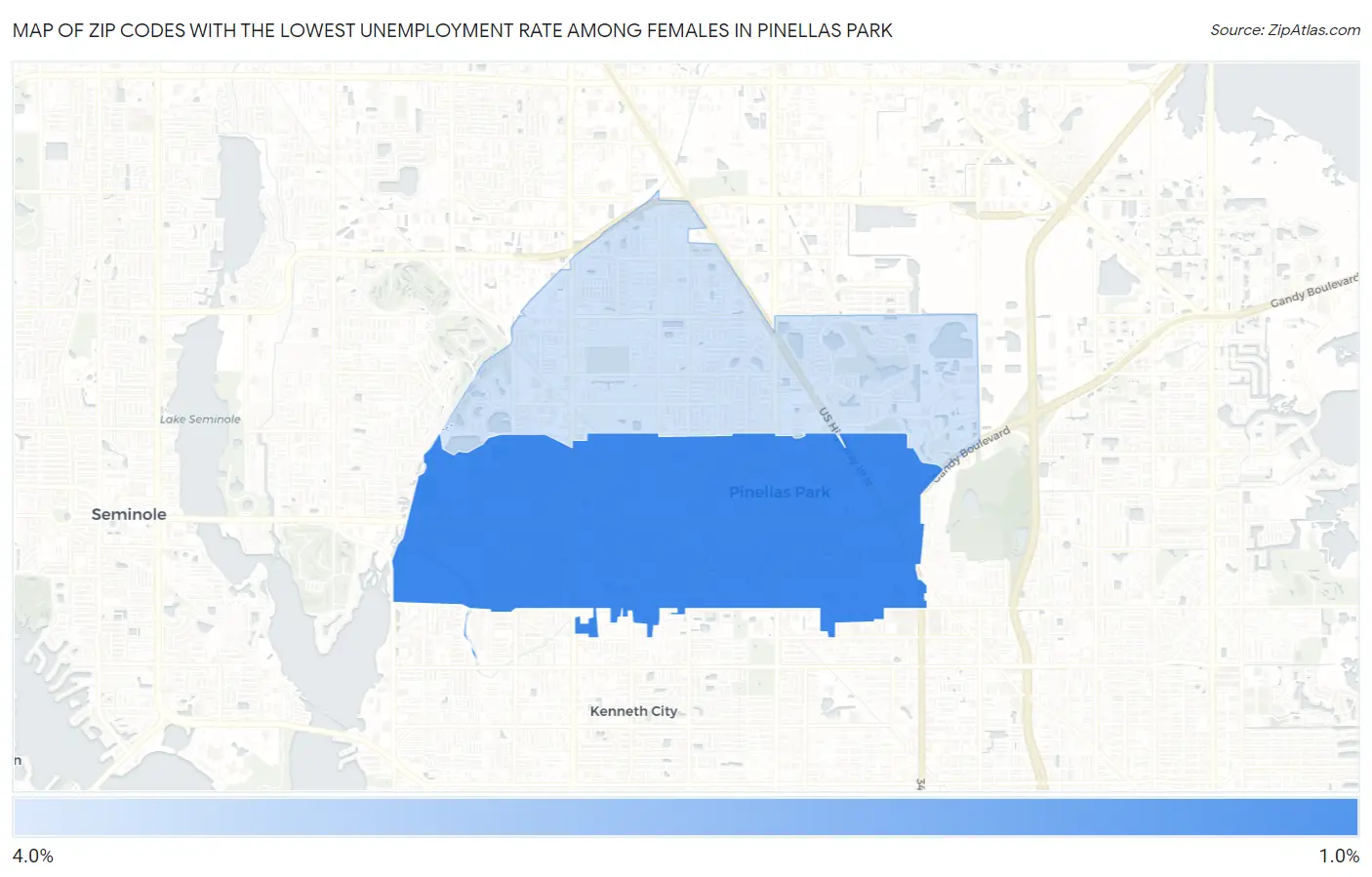 Zip Codes with the Lowest Unemployment Rate Among Females in Pinellas Park Map