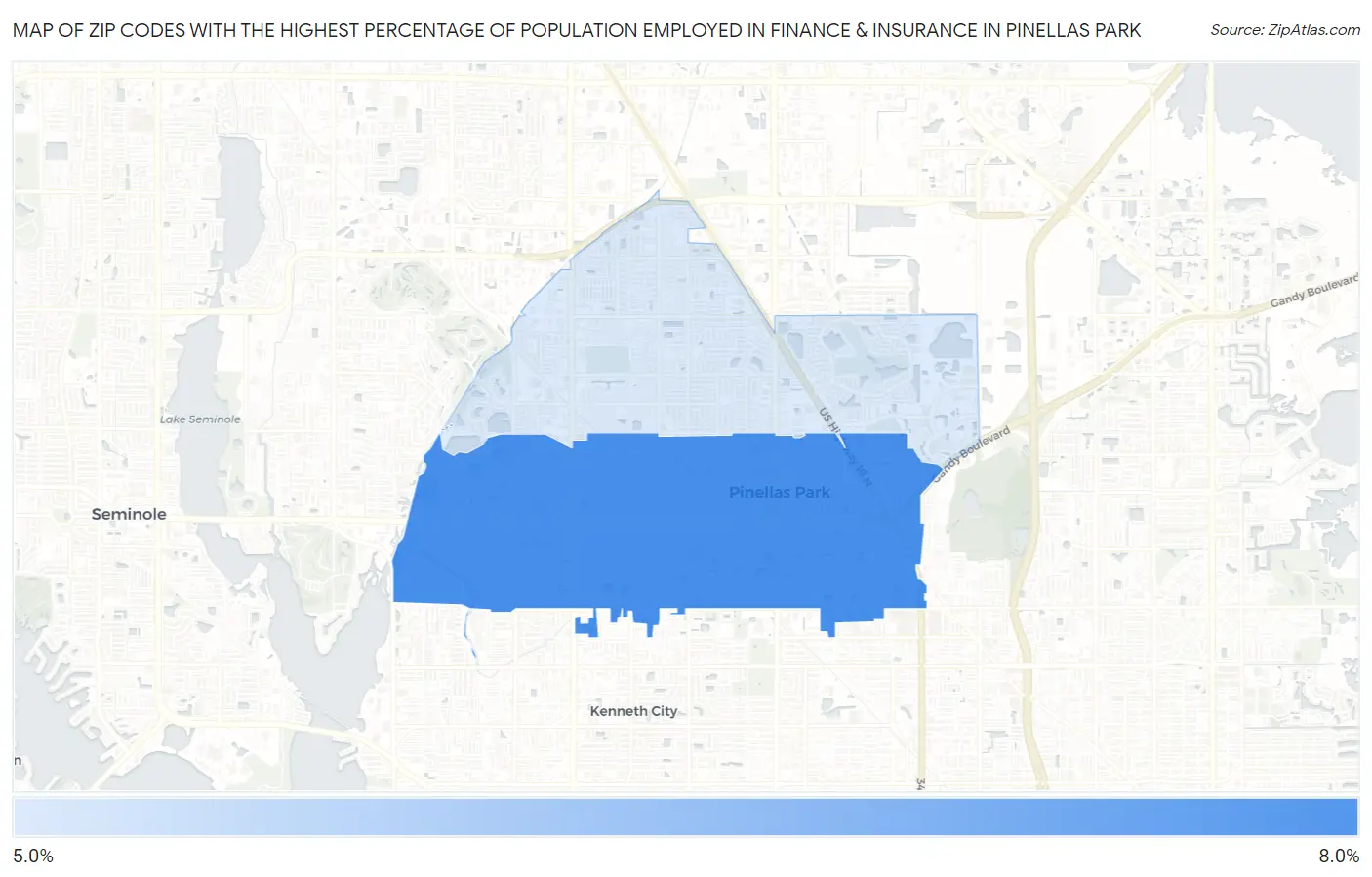 Zip Codes with the Highest Percentage of Population Employed in Finance & Insurance in Pinellas Park Map