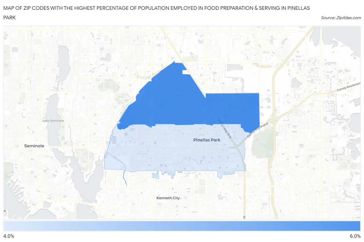 Zip Codes with the Highest Percentage of Population Employed in Food Preparation & Serving in Pinellas Park Map