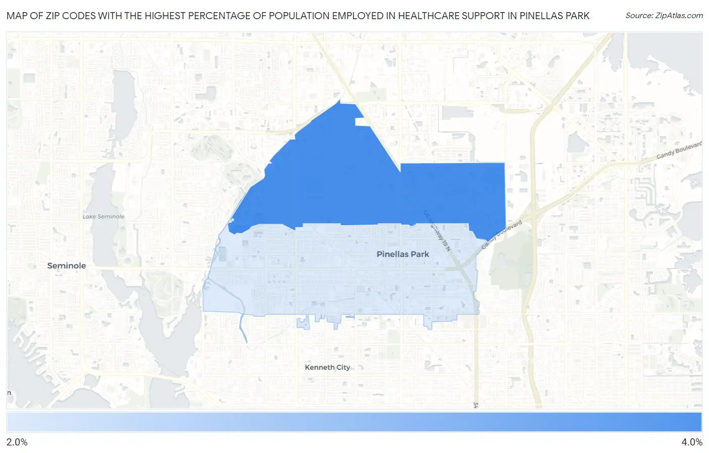 Zip Codes with the Highest Percentage of Population Employed in Healthcare Support in Pinellas Park Map