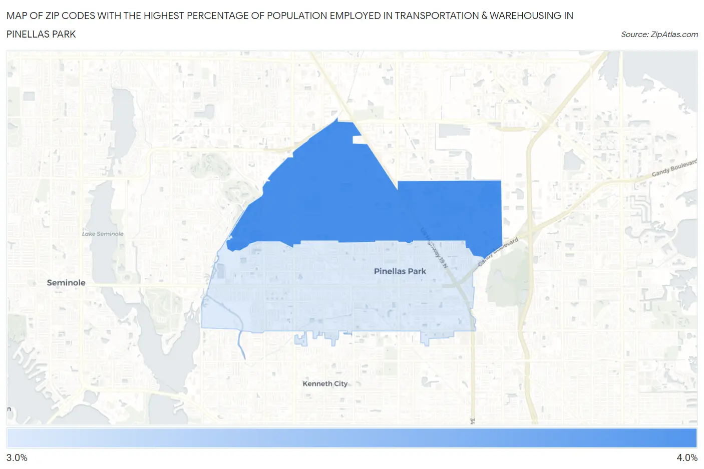 Zip Codes with the Highest Percentage of Population Employed in Transportation & Warehousing in Pinellas Park Map