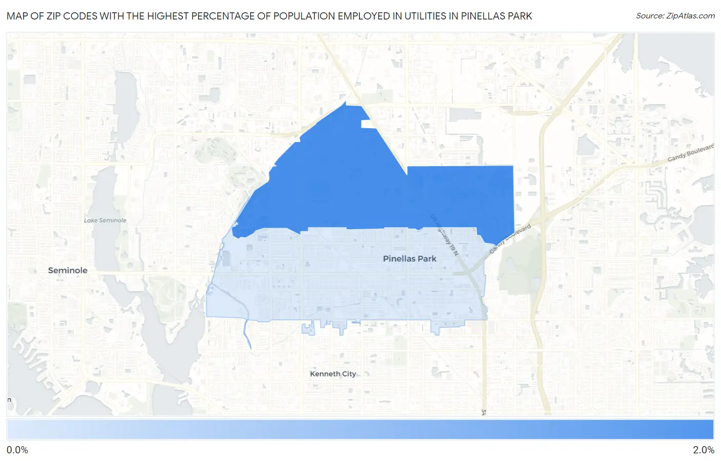 Zip Codes with the Highest Percentage of Population Employed in Utilities in Pinellas Park Map