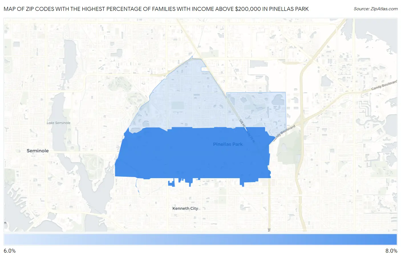 Zip Codes with the Highest Percentage of Families with Income Above $200,000 in Pinellas Park Map
