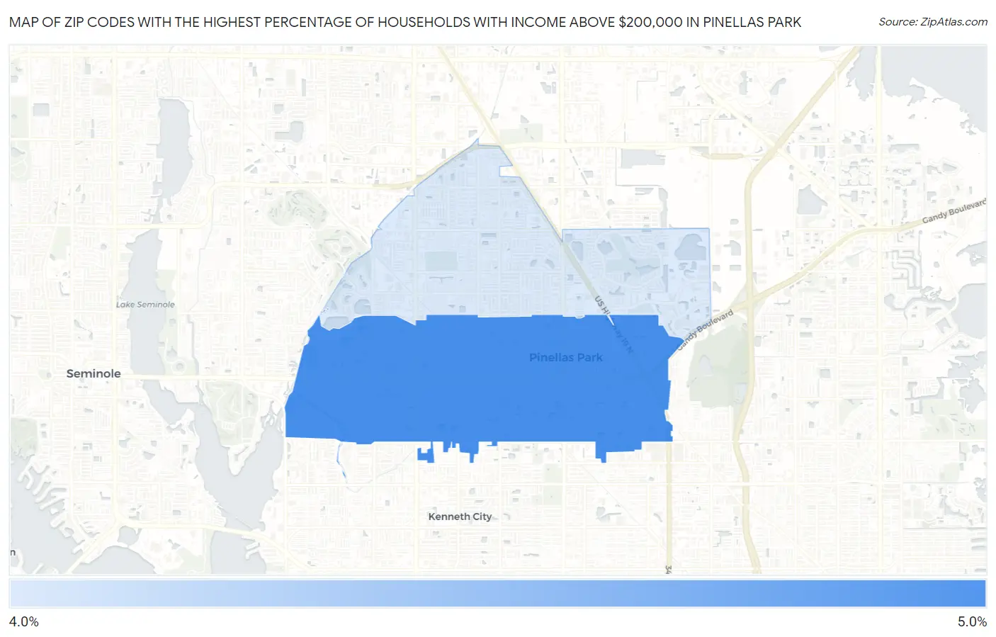 Zip Codes with the Highest Percentage of Households with Income Above $200,000 in Pinellas Park Map