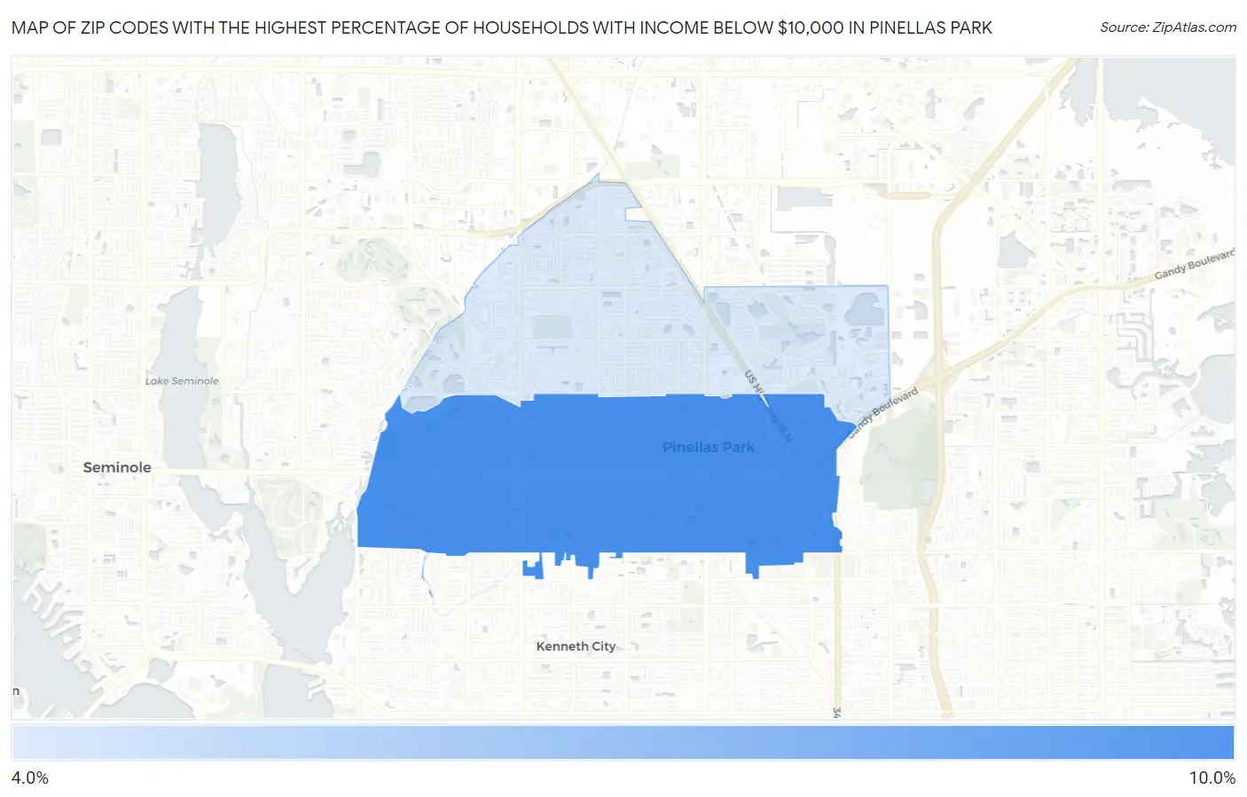 Zip Codes with the Highest Percentage of Households with Income Below $10,000 in Pinellas Park Map