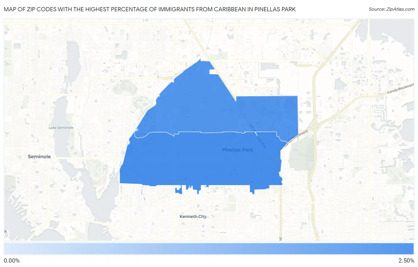 Zip Codes with the Highest Percentage of Immigrants from Caribbean in Pinellas Park Map