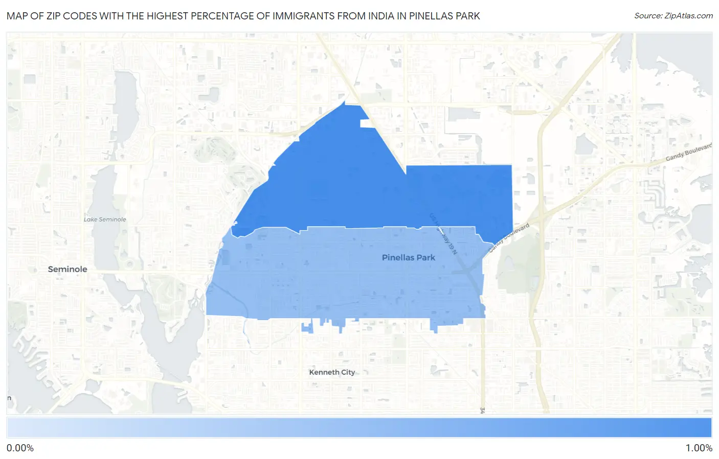 Zip Codes with the Highest Percentage of Immigrants from India in Pinellas Park Map
