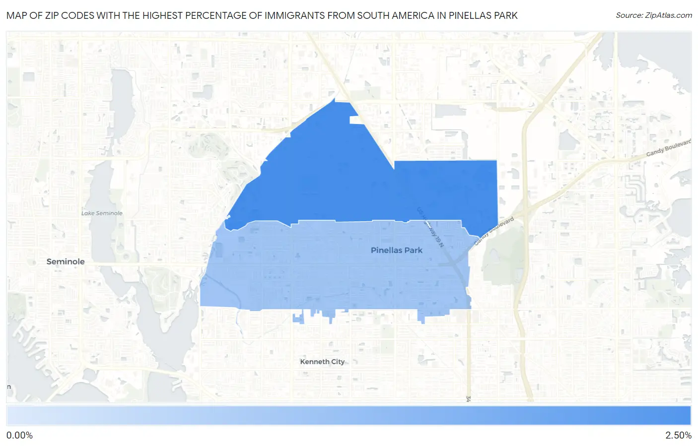 Zip Codes with the Highest Percentage of Immigrants from South America in Pinellas Park Map