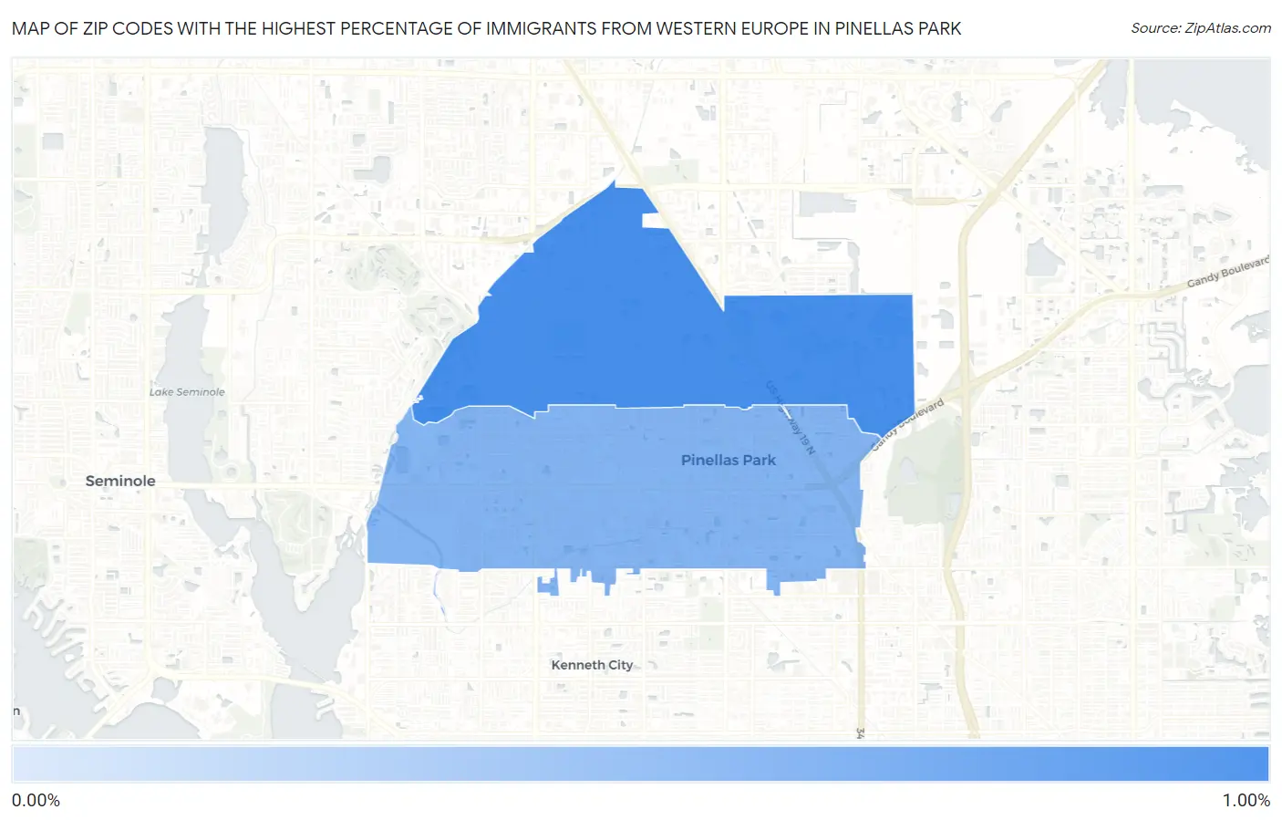 Zip Codes with the Highest Percentage of Immigrants from Western Europe in Pinellas Park Map