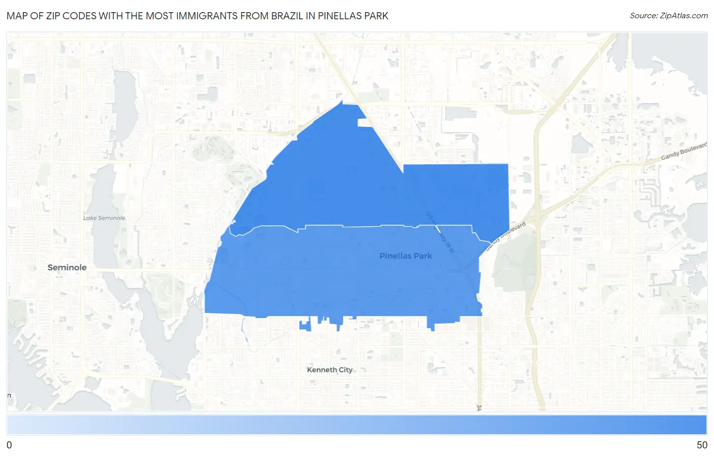 Zip Codes with the Most Immigrants from Brazil in Pinellas Park Map