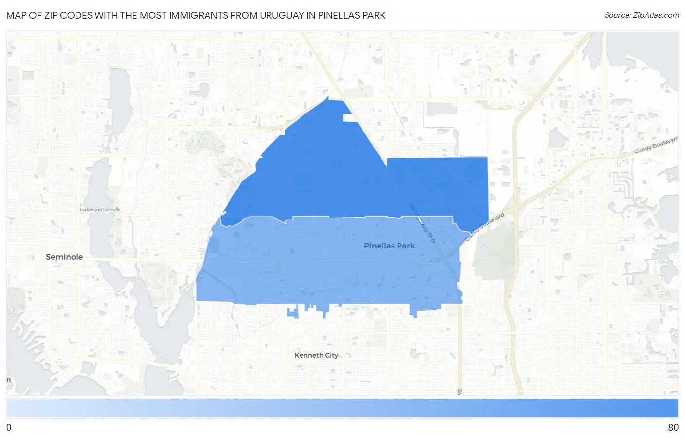 Zip Codes with the Most Immigrants from Uruguay in Pinellas Park Map
