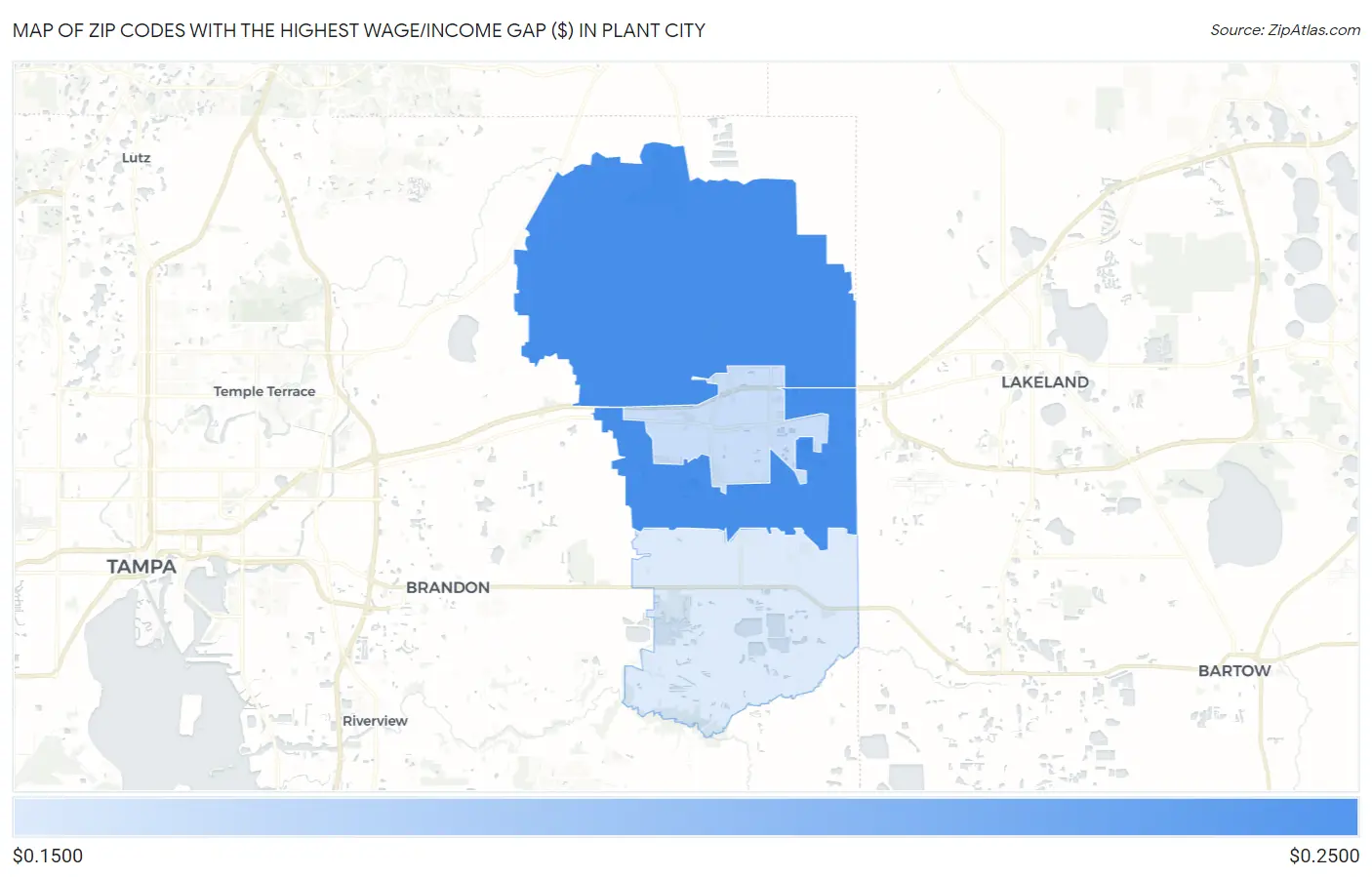 Zip Codes with the Highest Wage/Income Gap ($) in Plant City Map