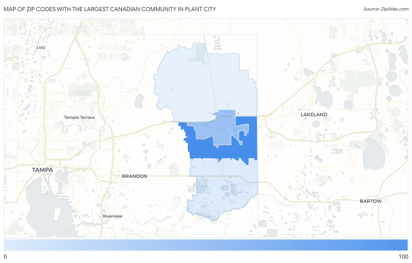 Zip Codes with the Largest Canadian Community in Plant City Map