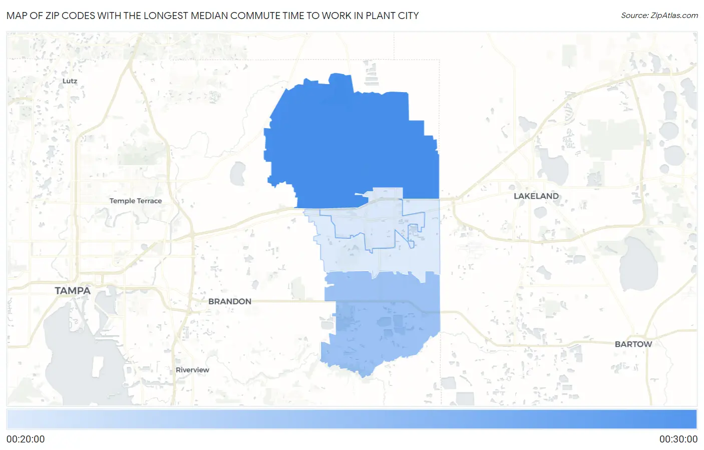 Zip Codes with the Longest Median Commute Time to Work in Plant City Map