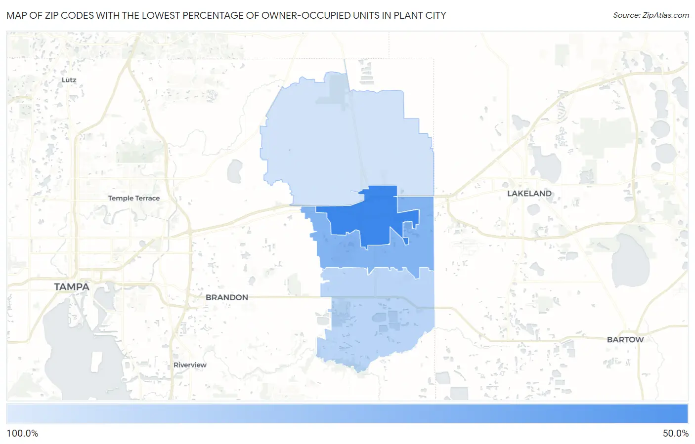 Zip Codes with the Lowest Percentage of Owner-Occupied Units in Plant City Map