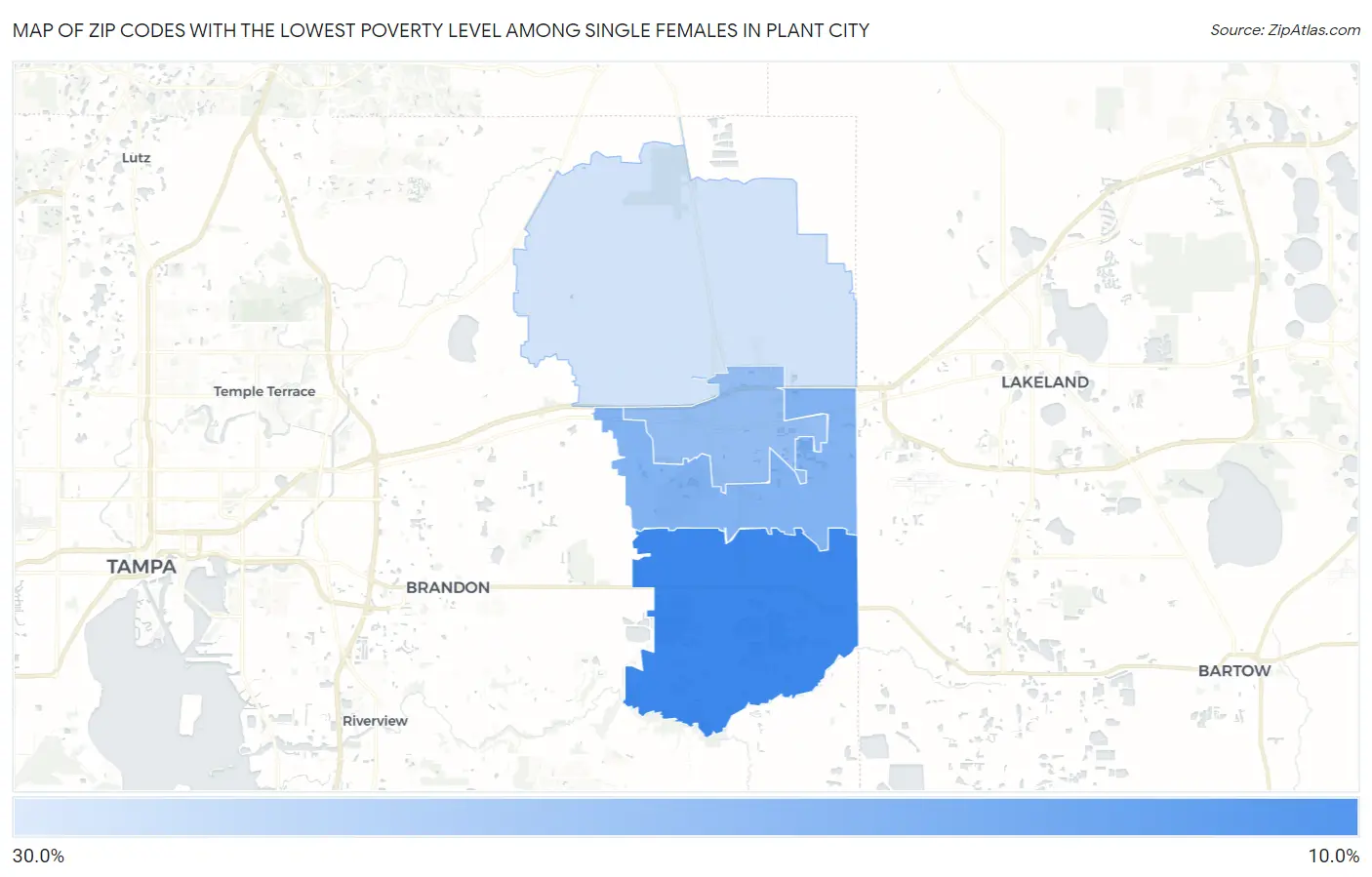 Zip Codes with the Lowest Poverty Level Among Single Females in Plant City Map
