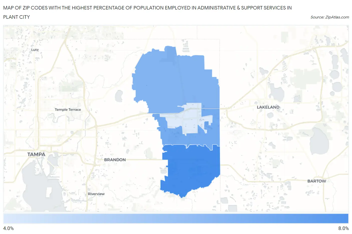 Zip Codes with the Highest Percentage of Population Employed in Administrative & Support Services in Plant City Map