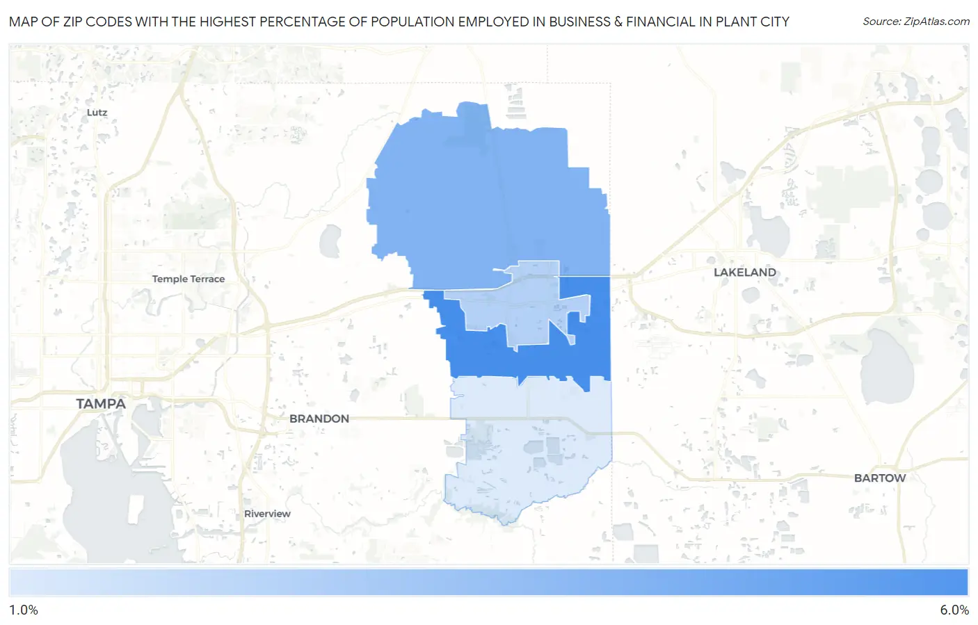 Zip Codes with the Highest Percentage of Population Employed in Business & Financial in Plant City Map