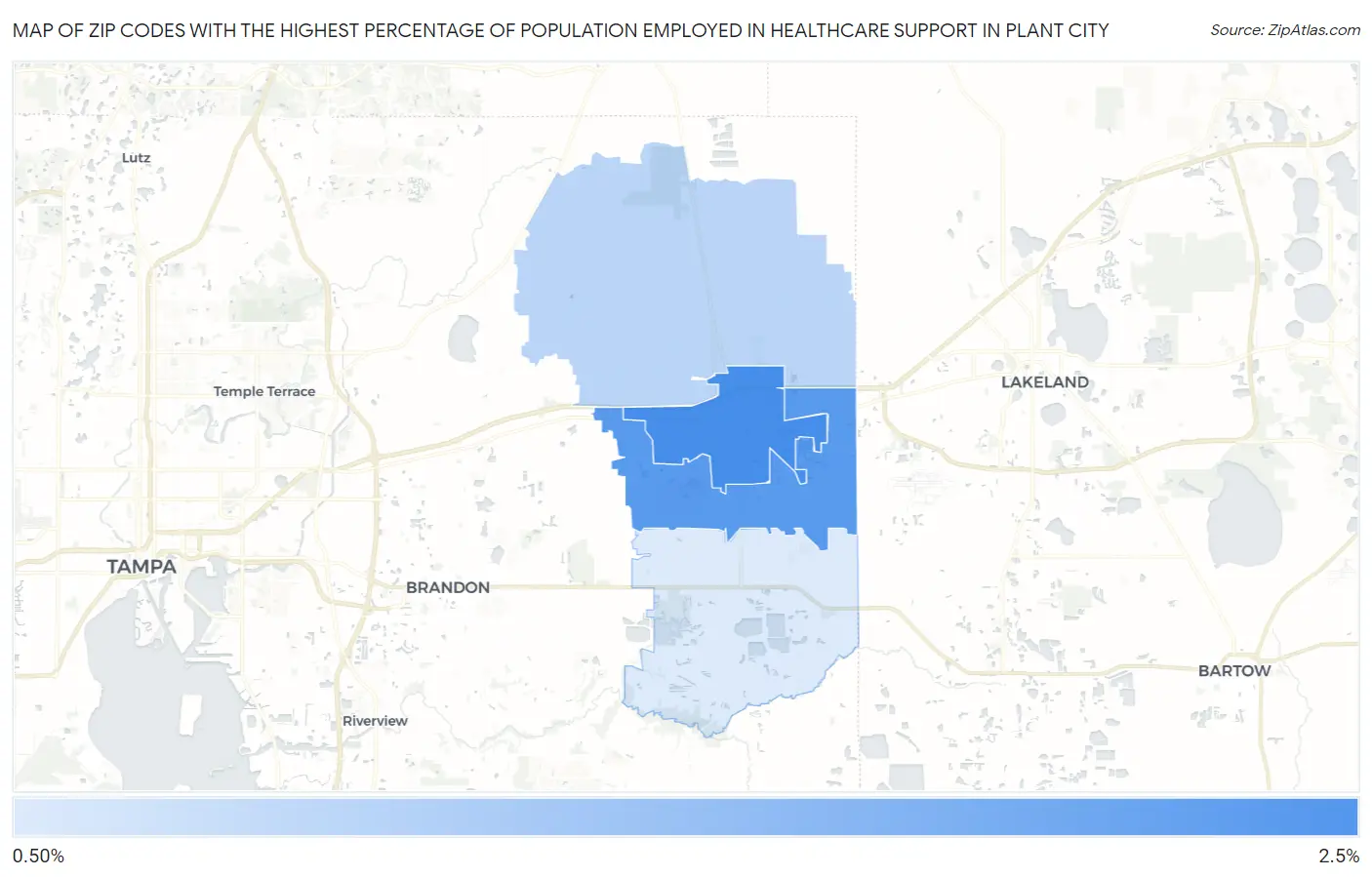 Zip Codes with the Highest Percentage of Population Employed in Healthcare Support in Plant City Map