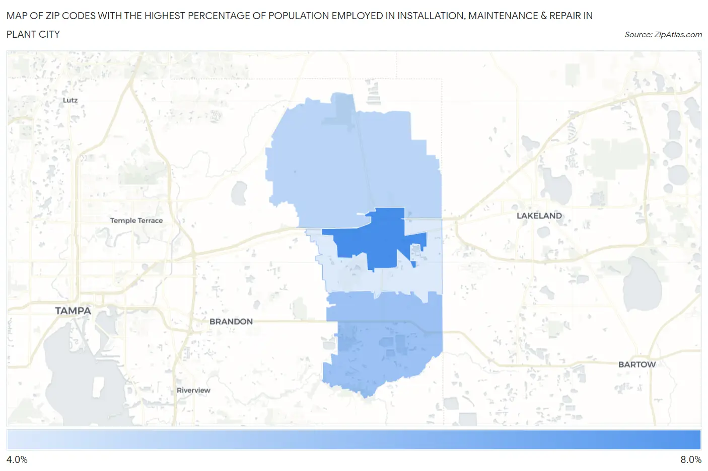 Zip Codes with the Highest Percentage of Population Employed in Installation, Maintenance & Repair in Plant City Map