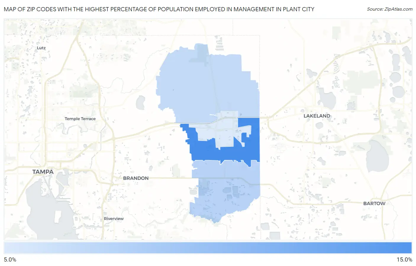 Zip Codes with the Highest Percentage of Population Employed in Management in Plant City Map