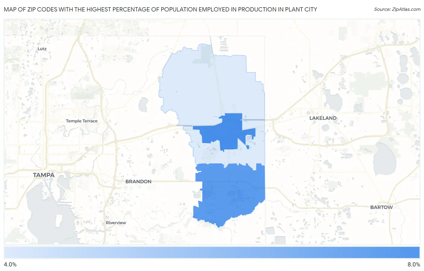 Zip Codes with the Highest Percentage of Population Employed in Production in Plant City Map