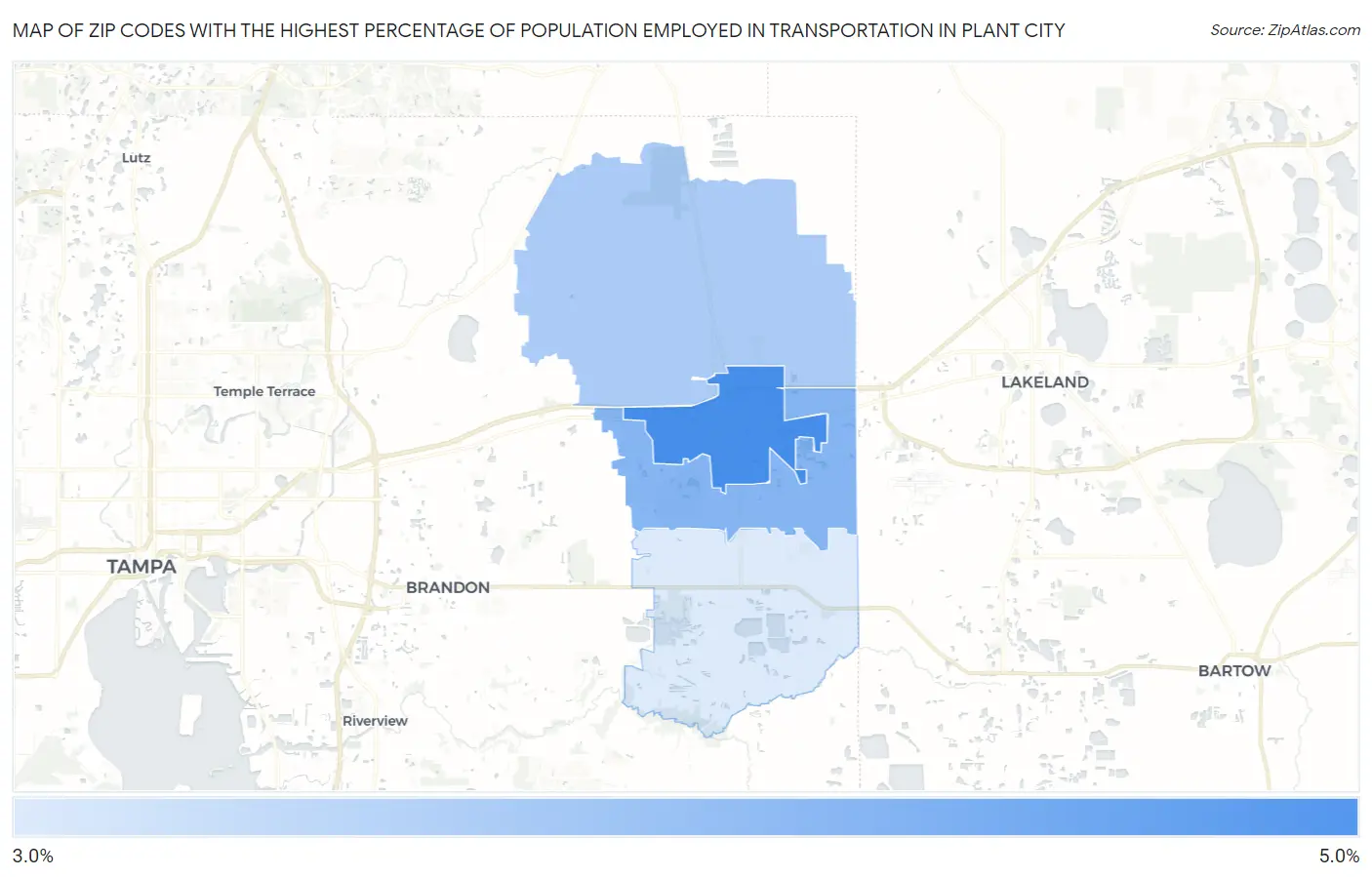Zip Codes with the Highest Percentage of Population Employed in Transportation in Plant City Map