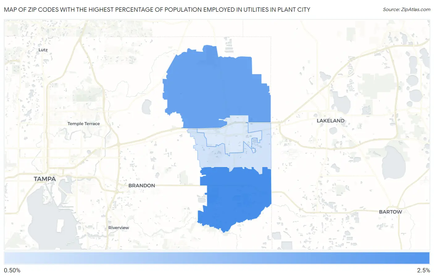 Zip Codes with the Highest Percentage of Population Employed in Utilities in Plant City Map