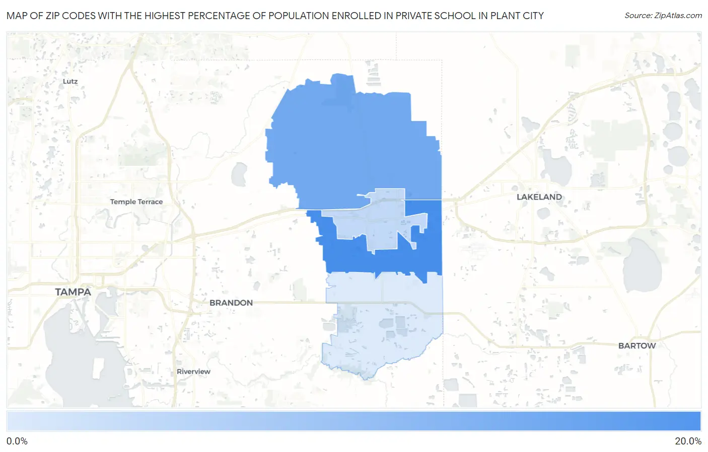 Zip Codes with the Highest Percentage of Population Enrolled in Private School in Plant City Map