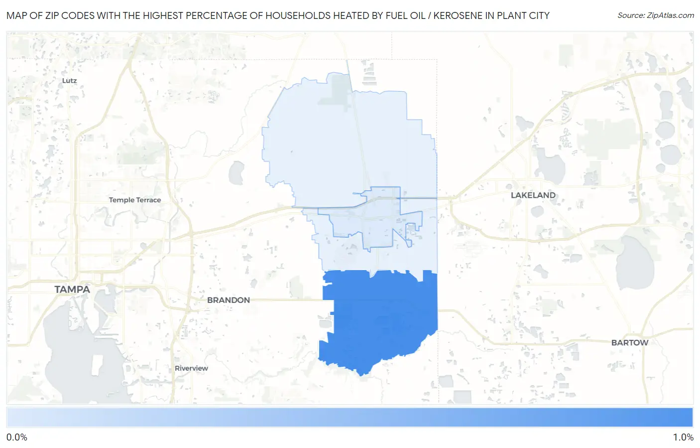 Zip Codes with the Highest Percentage of Households Heated by Fuel Oil / Kerosene in Plant City Map