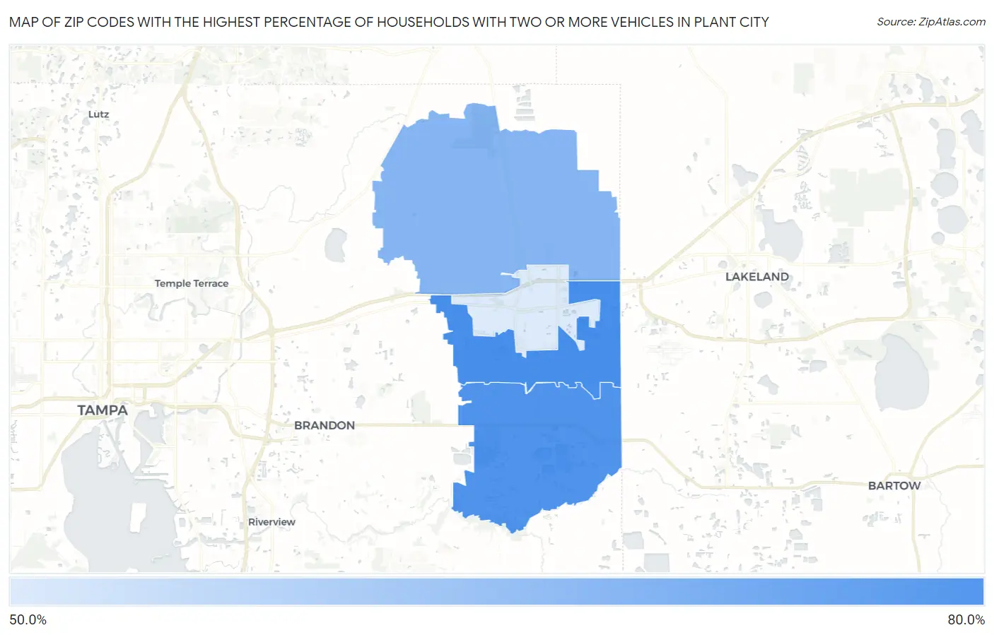 Zip Codes with the Highest Percentage of Households With Two or more Vehicles in Plant City Map
