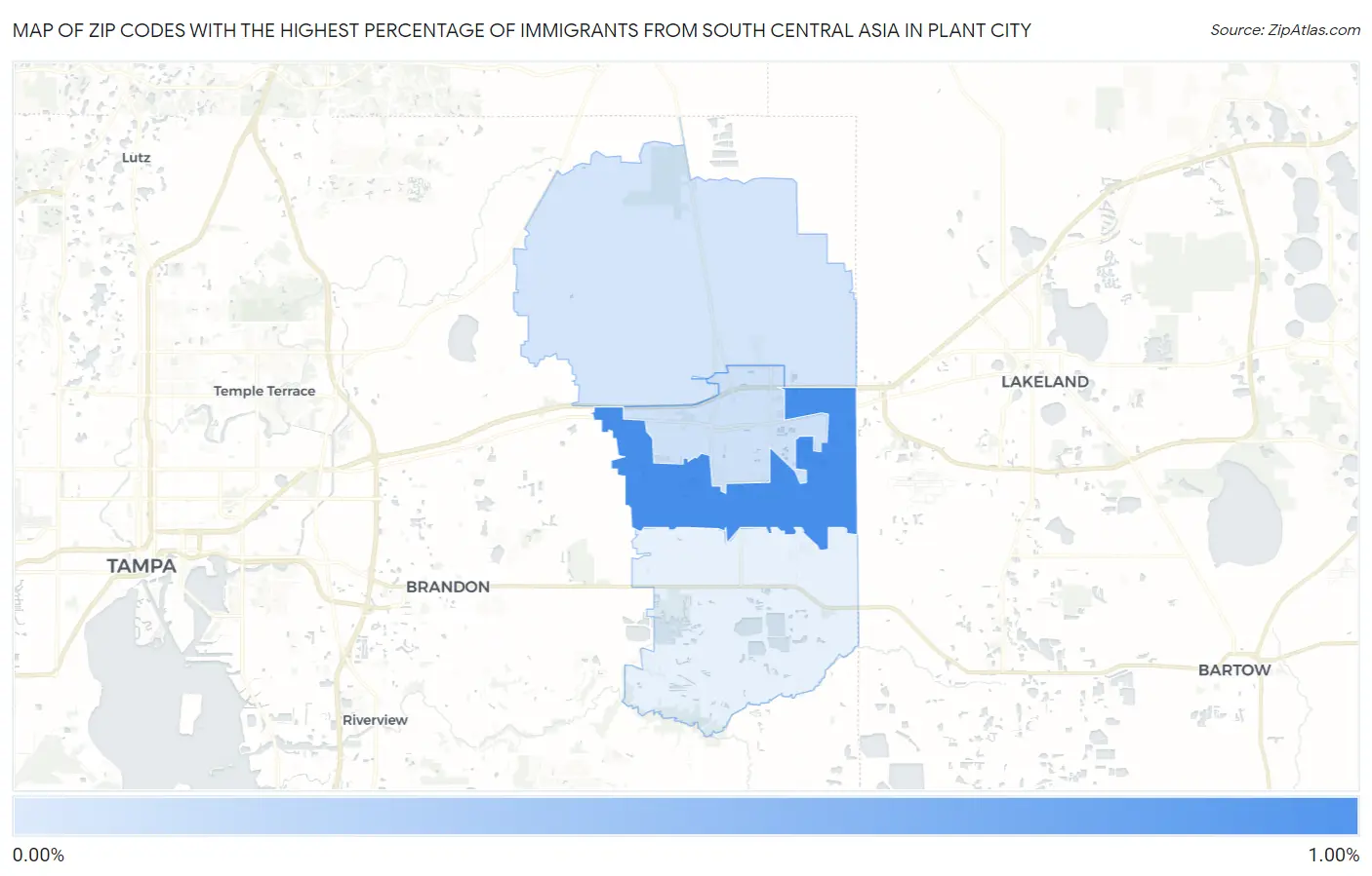 Zip Codes with the Highest Percentage of Immigrants from South Central Asia in Plant City Map