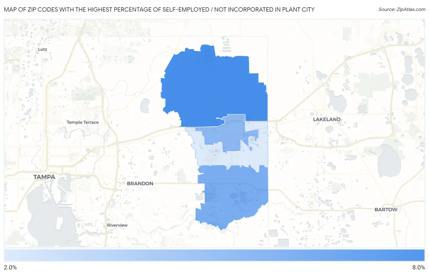 Zip Codes with the Highest Percentage of Self-Employed / Not Incorporated in Plant City Map
