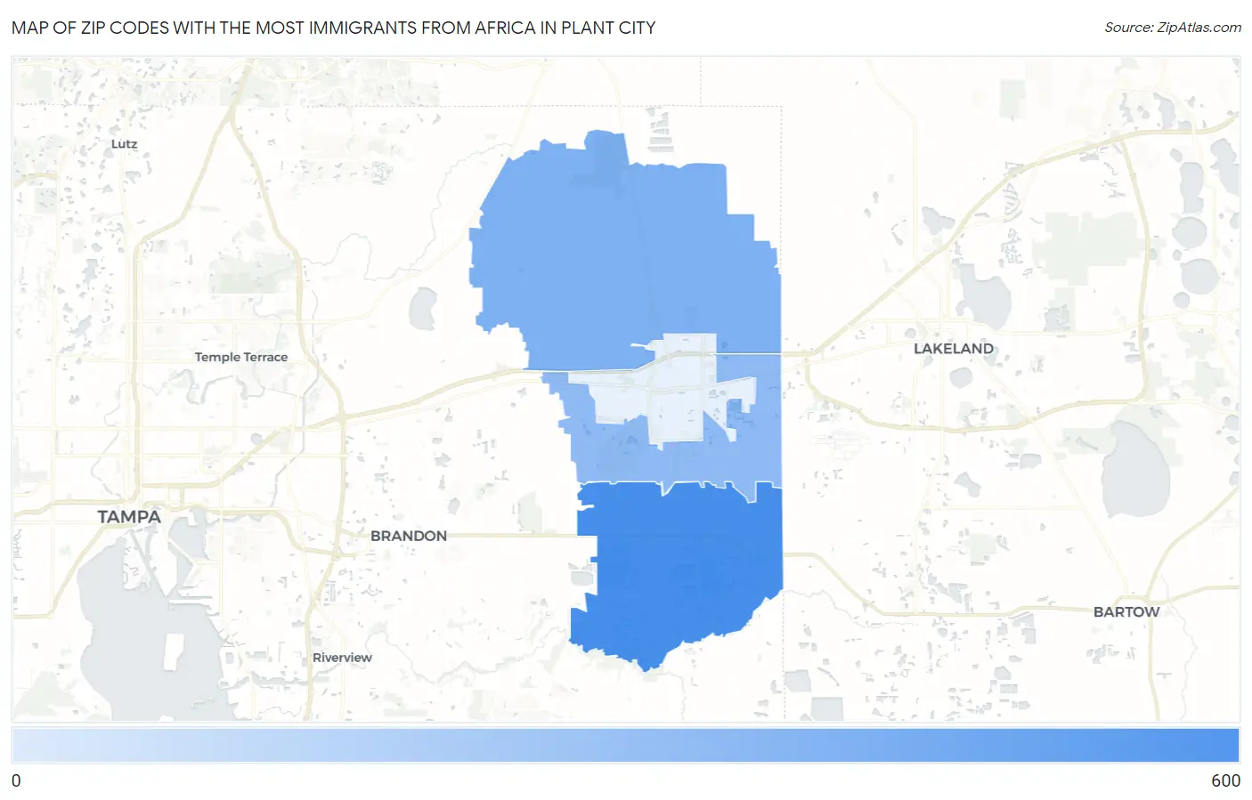 Zip Codes with the Most Immigrants from Africa in Plant City Map